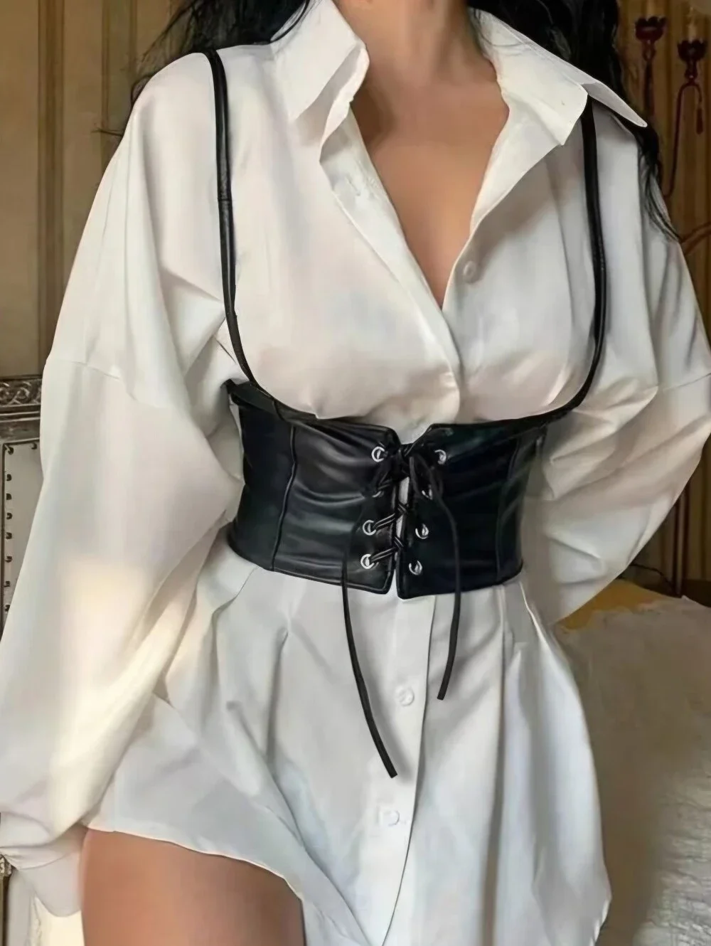 Black Lace Up Corset Style Faux Leather Belt Waist Cincher One Size